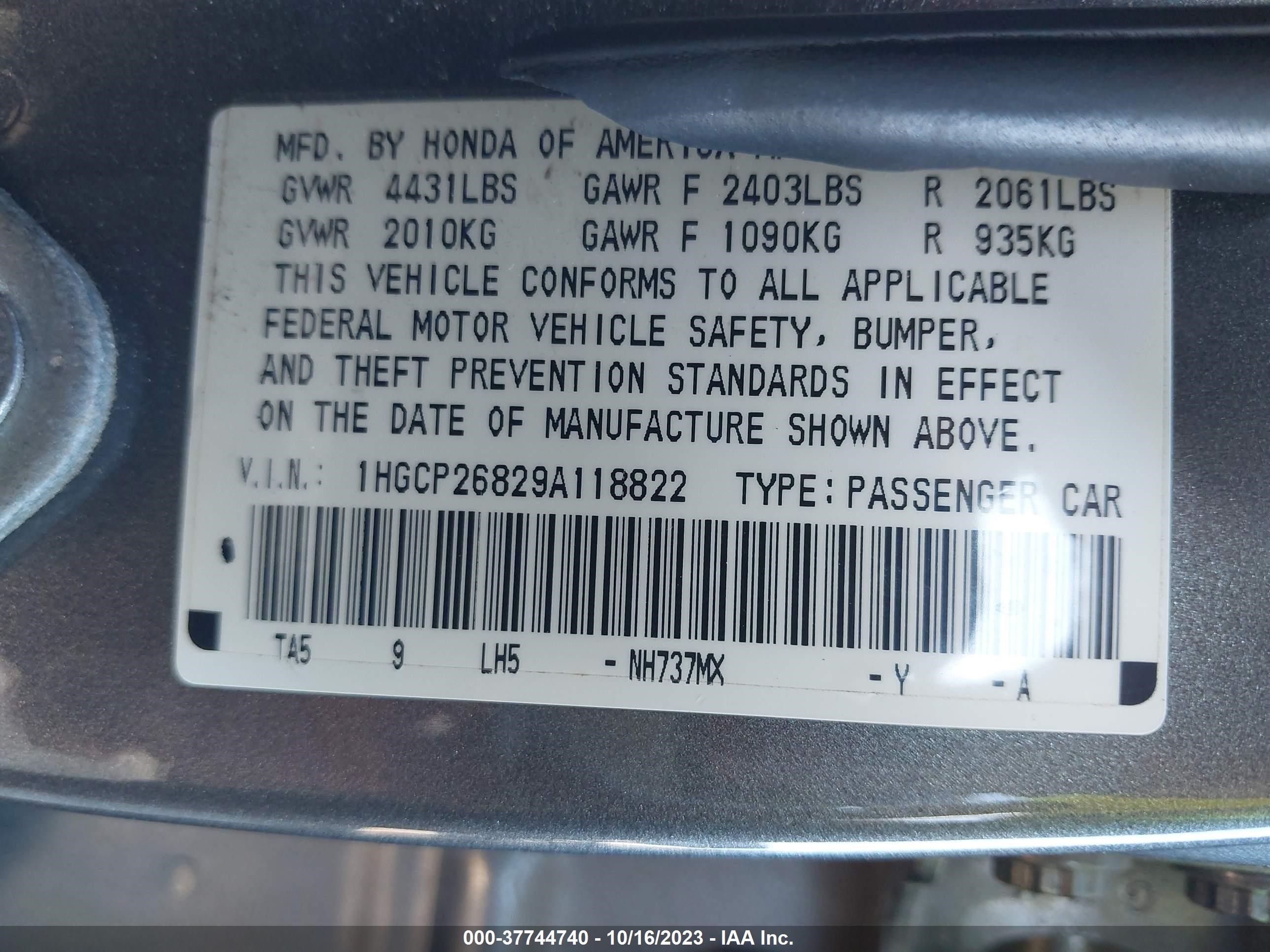 Photo 8 VIN: 1HGCP26829A118822 - HONDA ACCORD 