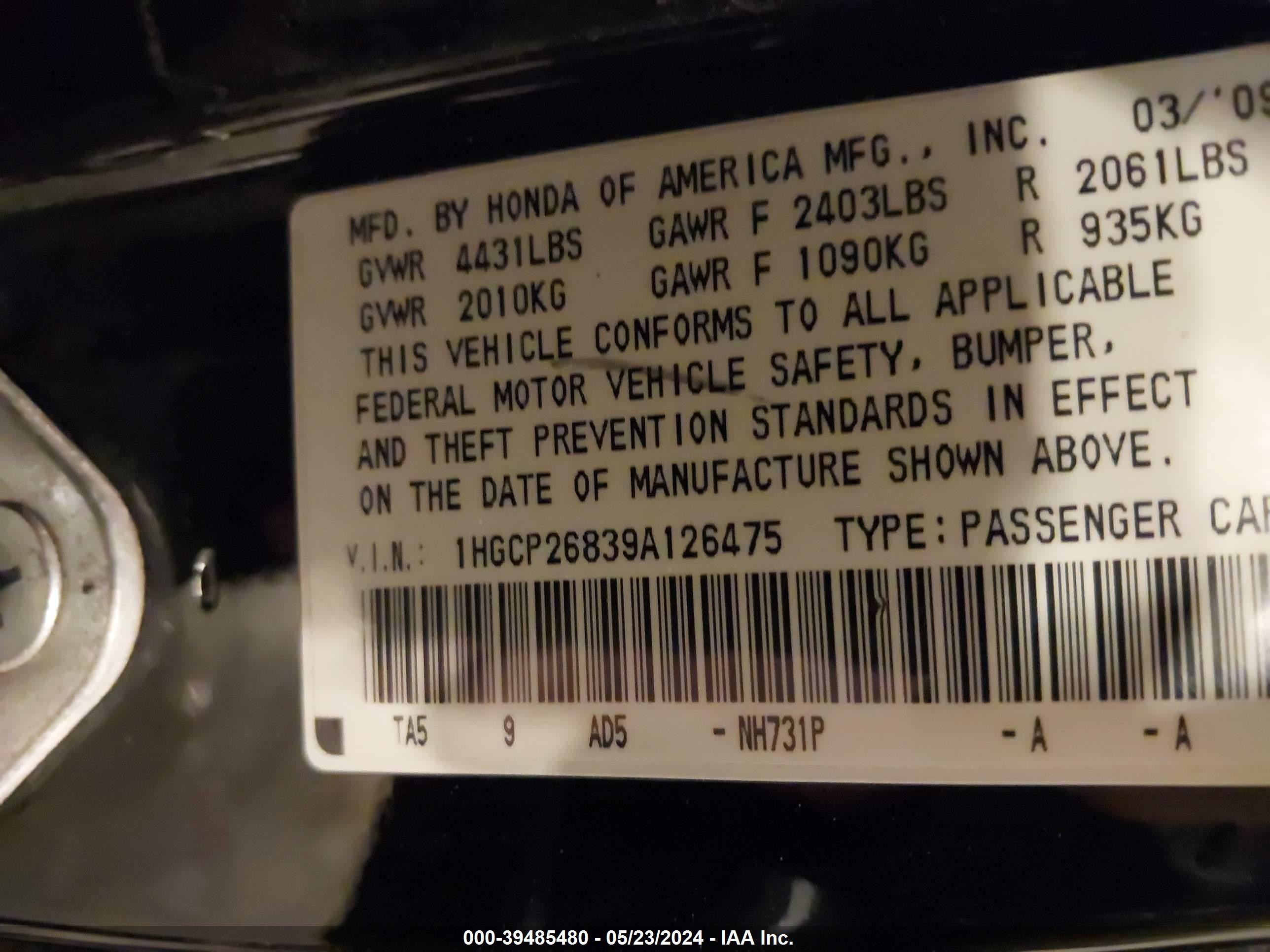 Photo 8 VIN: 1HGCP26839A126475 - HONDA ACCORD 