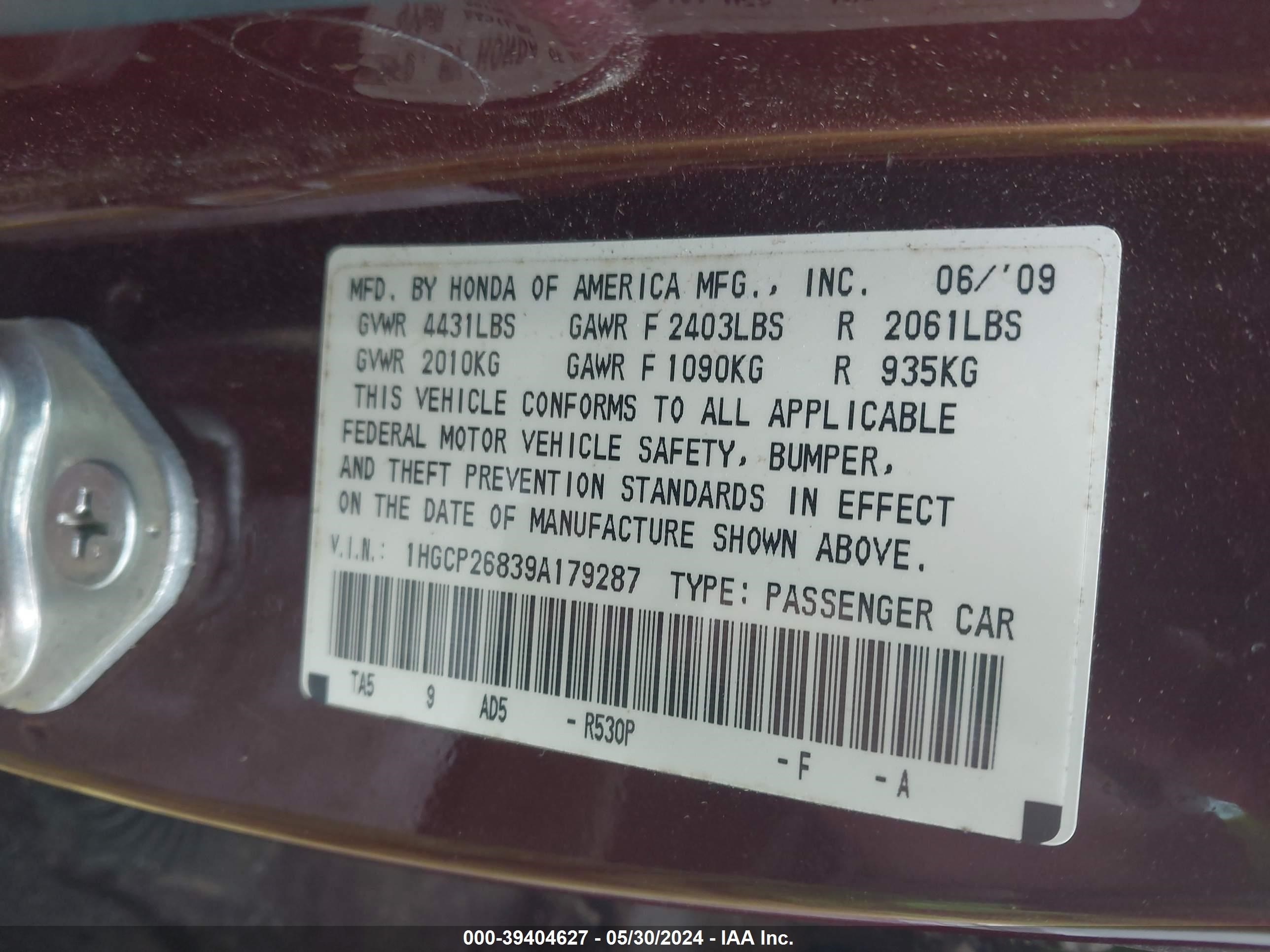 Photo 8 VIN: 1HGCP26839A179287 - HONDA ACCORD 