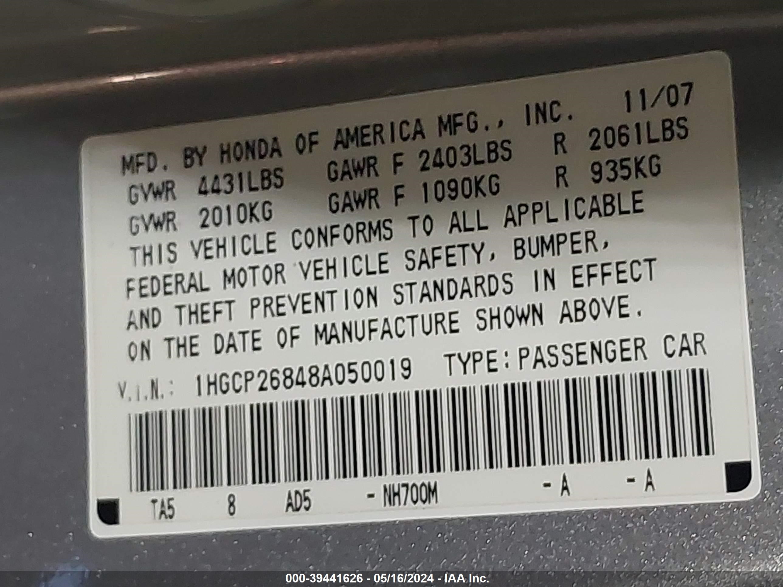 Photo 8 VIN: 1HGCP26848A050019 - HONDA ACCORD 