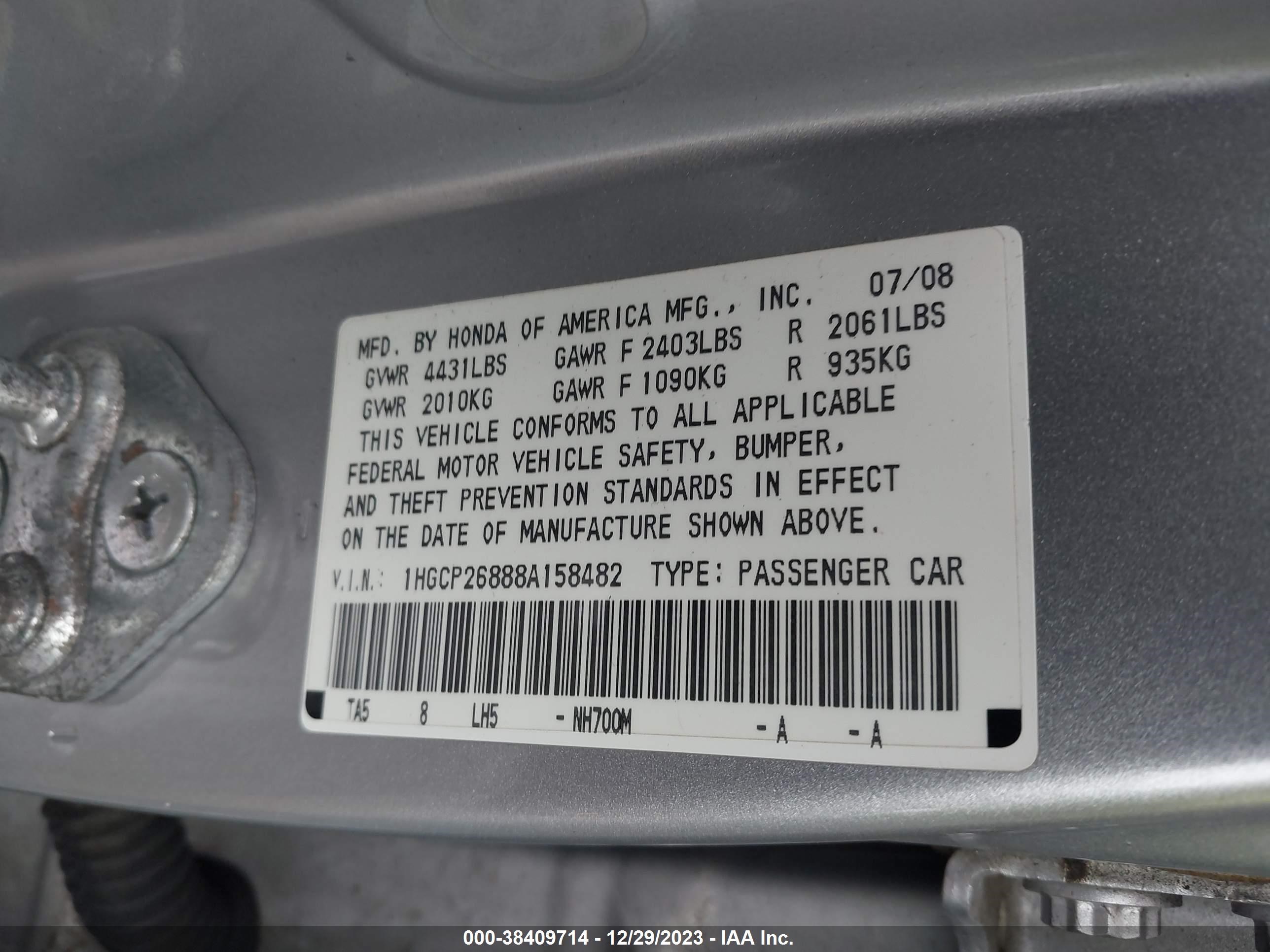 Photo 8 VIN: 1HGCP26888A158482 - HONDA ACCORD 