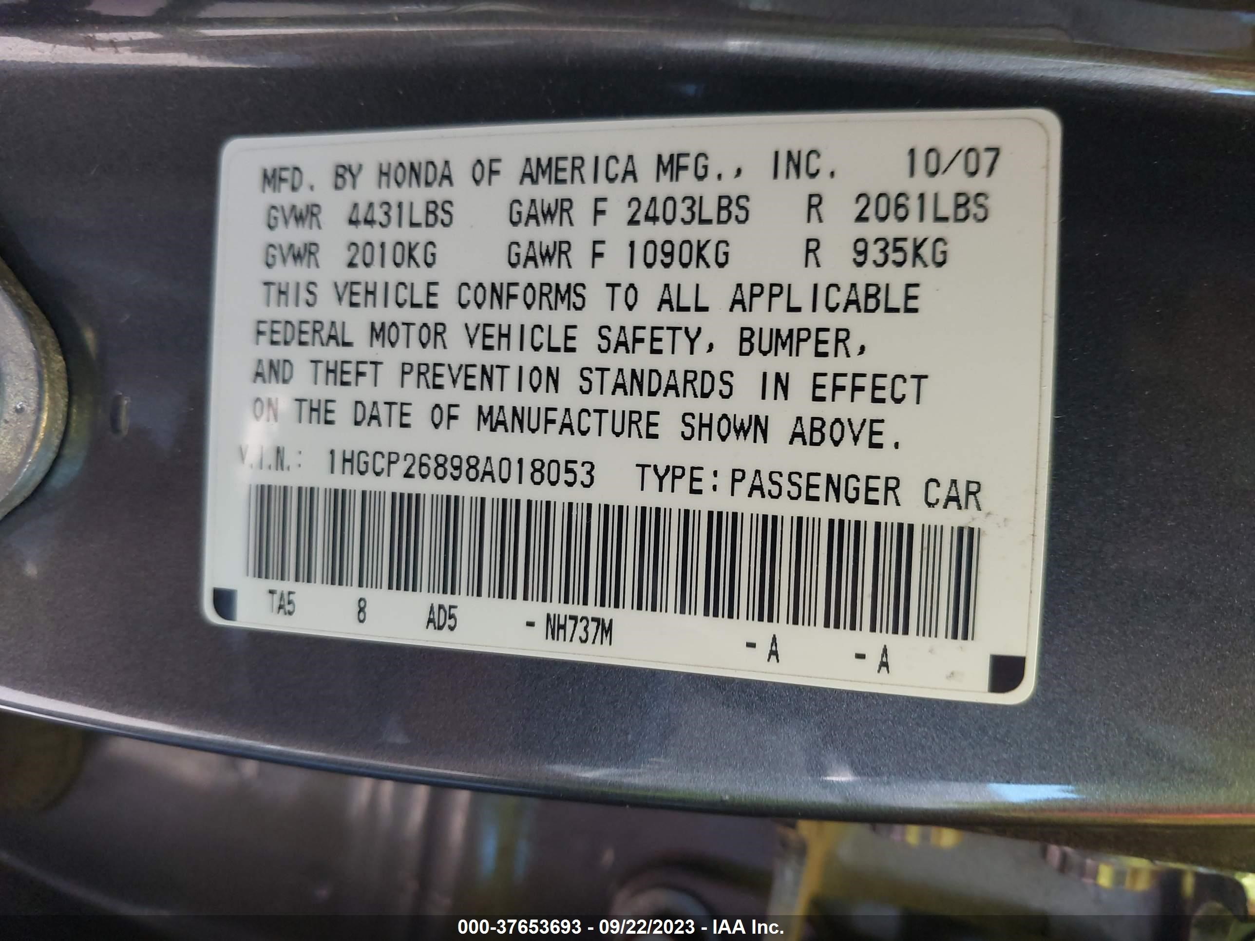 Photo 8 VIN: 1HGCP26898A018053 - HONDA ACCORD 