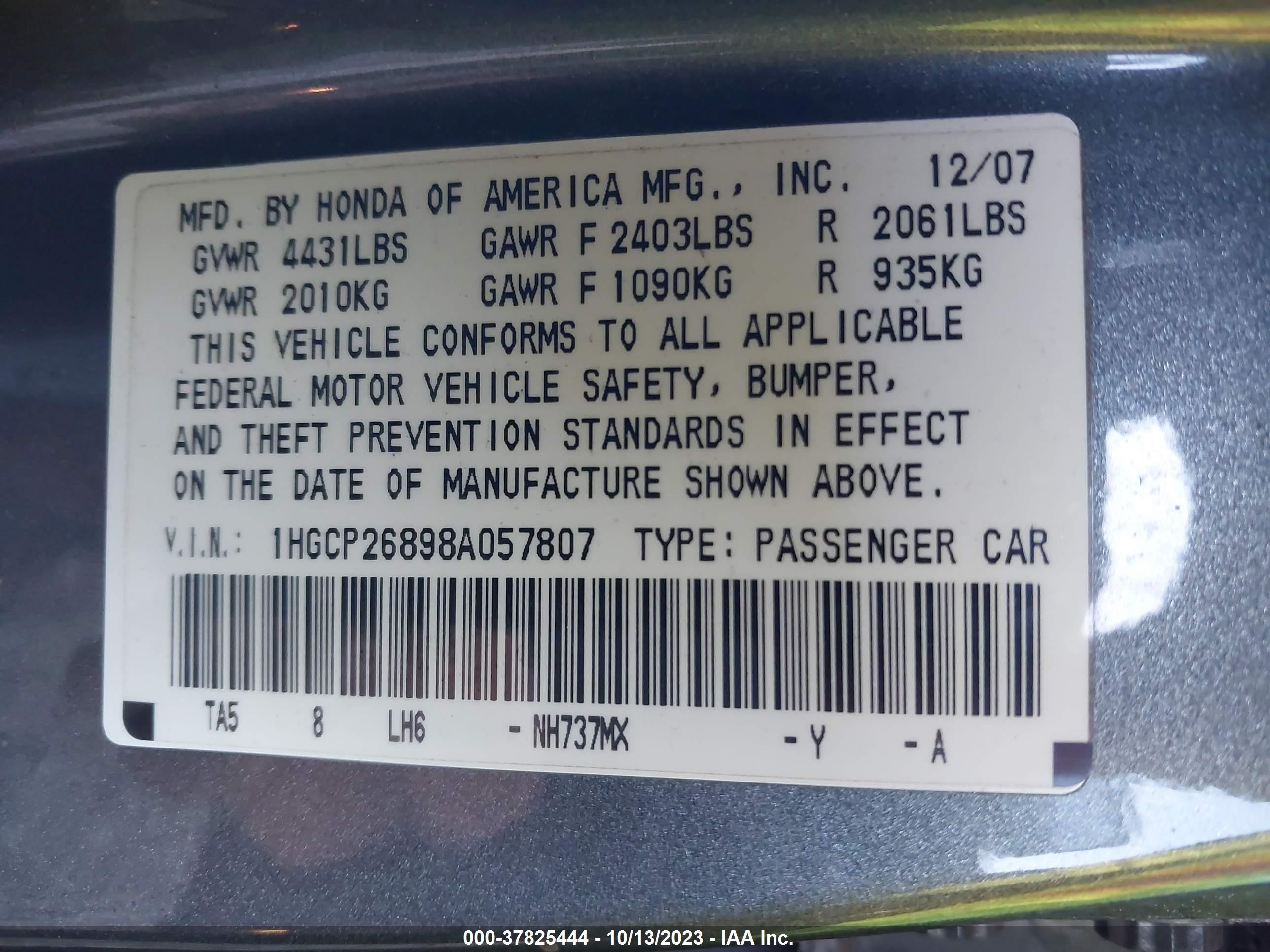 Photo 8 VIN: 1HGCP26898A057807 - HONDA ACCORD 