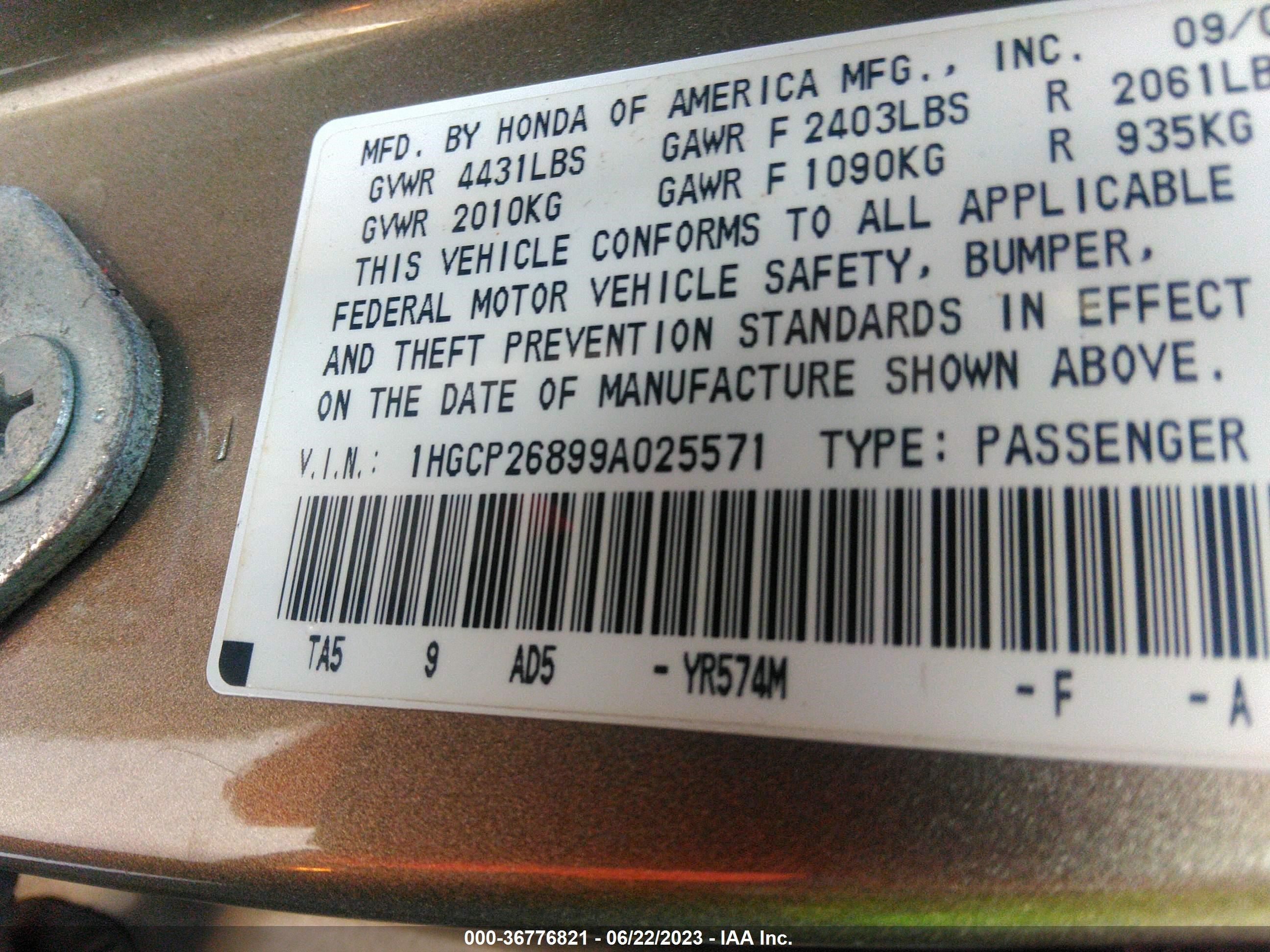 Photo 8 VIN: 1HGCP26899A025571 - HONDA ACCORD 