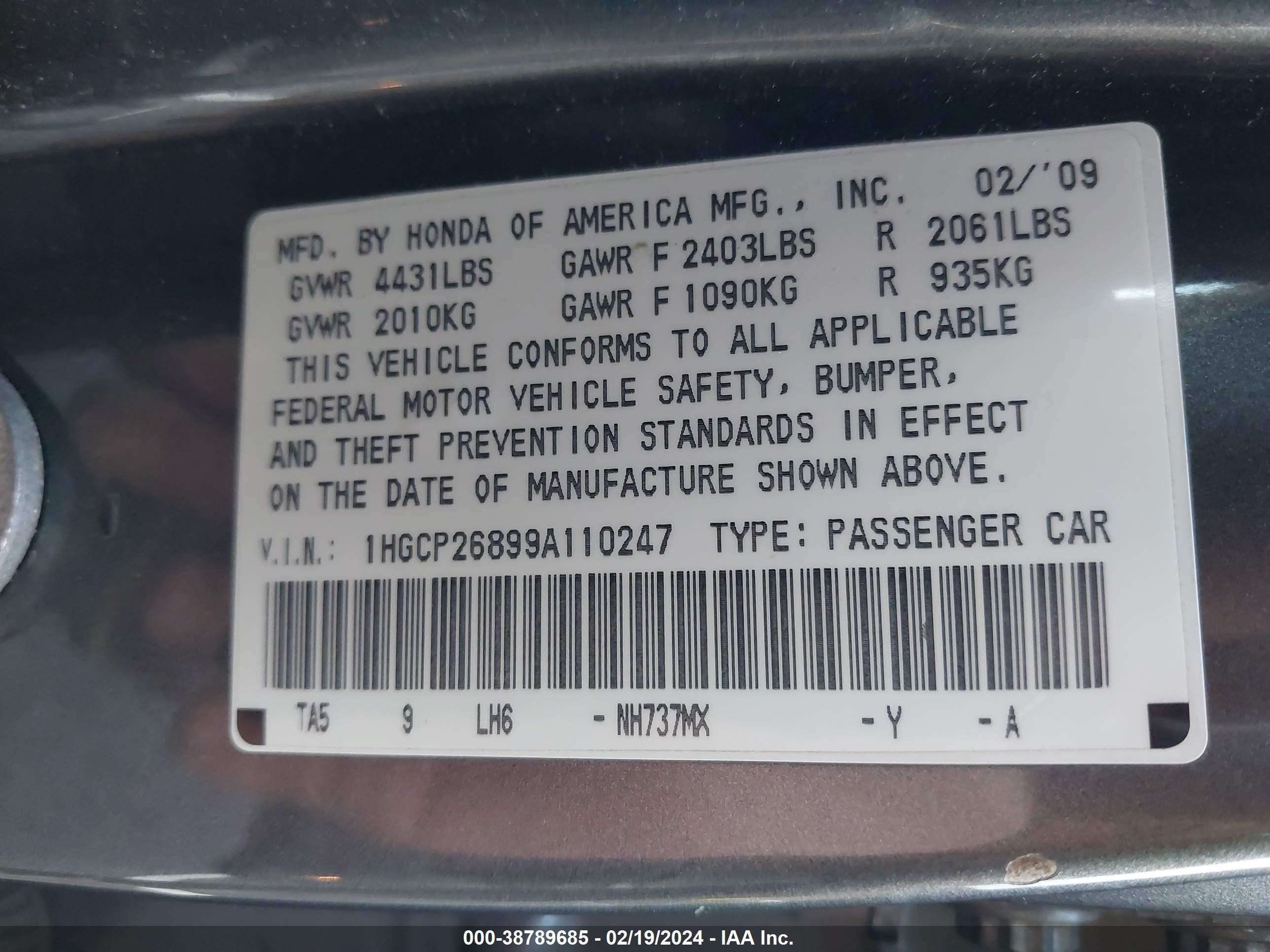 Photo 8 VIN: 1HGCP26899A110247 - HONDA ACCORD 