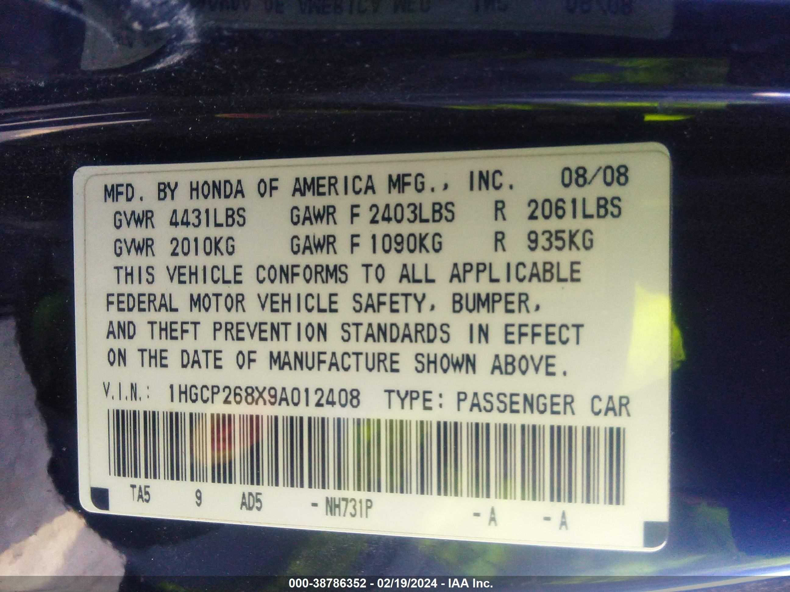 Photo 8 VIN: 1HGCP268X9A012408 - HONDA ACCORD 