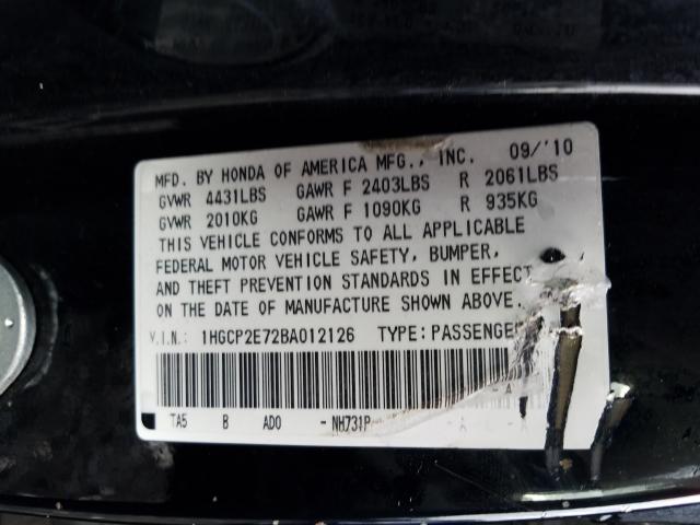 Photo 9 VIN: 1HGCP2E72BA012126 - HONDA ACCORD EX 