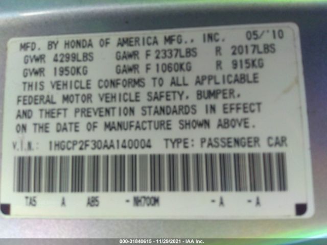 Photo 8 VIN: 1HGCP2F30AA140004 - HONDA ACCORD SDN 