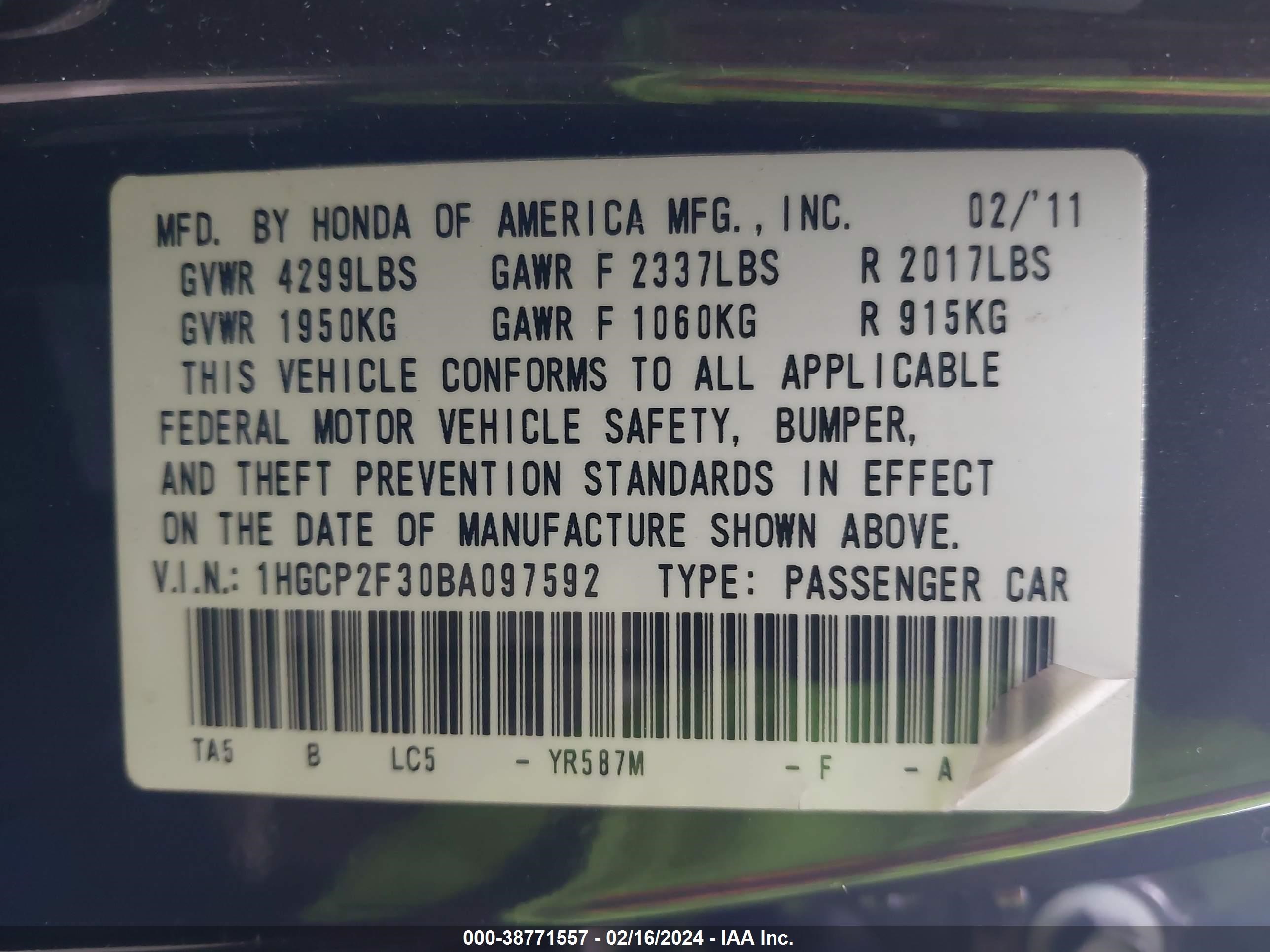 Photo 8 VIN: 1HGCP2F30BA097592 - HONDA ACCORD 