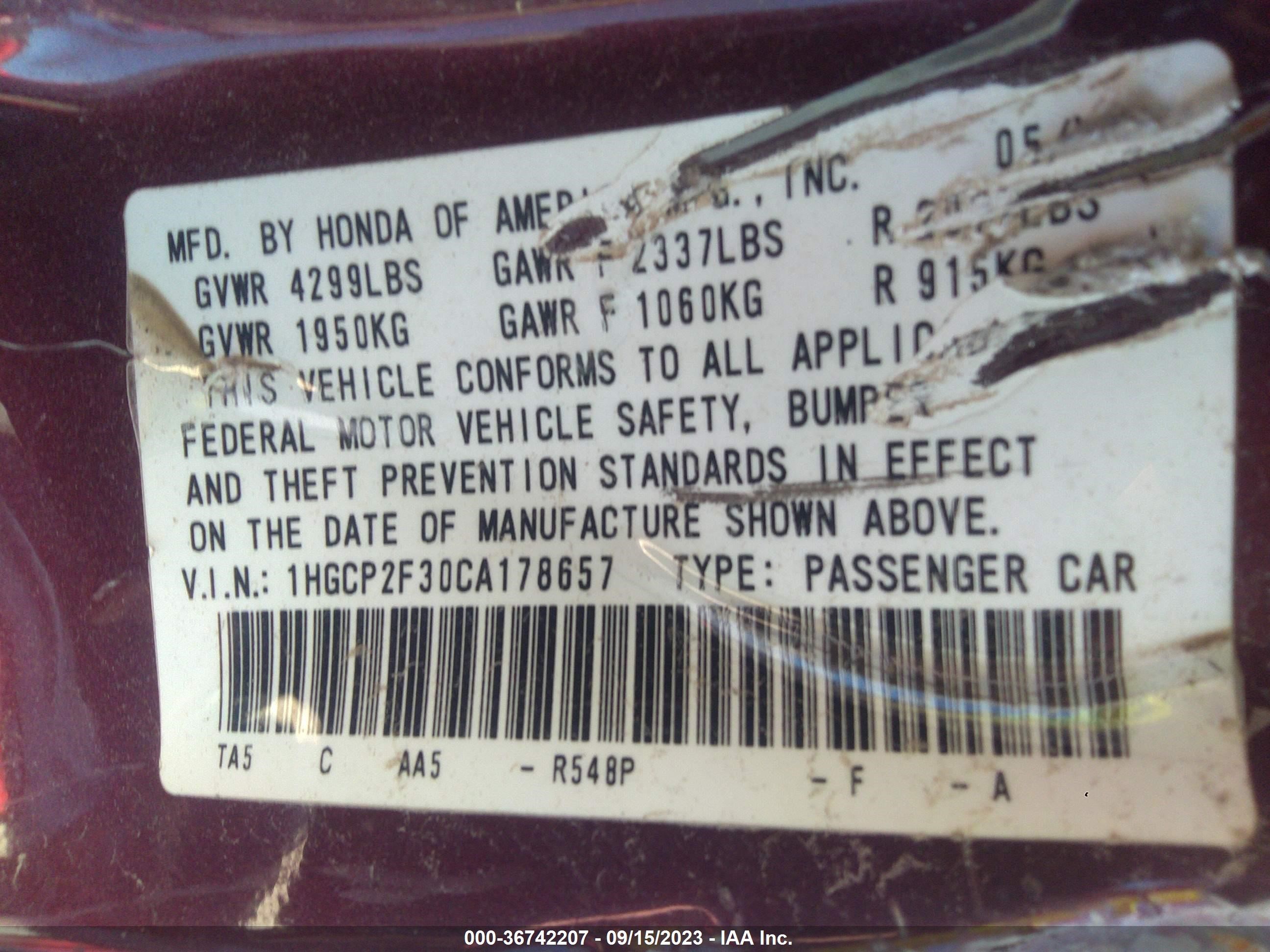 Photo 8 VIN: 1HGCP2F30CA178657 - HONDA ACCORD 