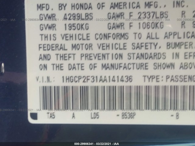 Photo 8 VIN: 1HGCP2F31AA141436 - HONDA ACCORD SDN 