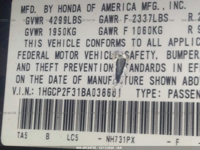 Photo 8 VIN: 1HGCP2F31BA038681 - HONDA ACCORD SDN 