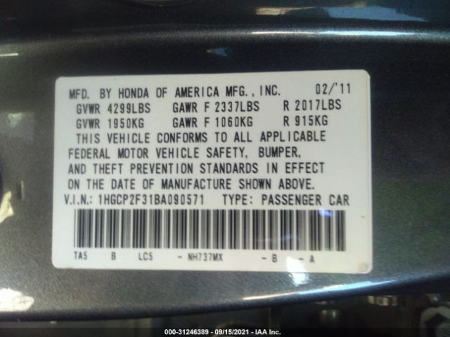 Photo 8 VIN: 1HGCP2F31BA090571 - HONDA ACCORD SDN 