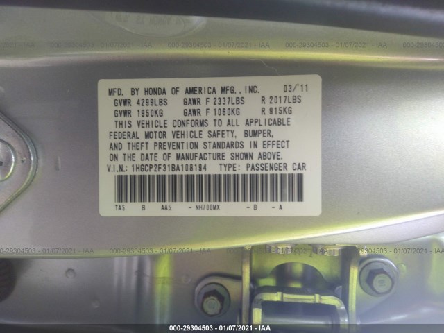 Photo 8 VIN: 1HGCP2F31BA108194 - HONDA ACCORD SDN 