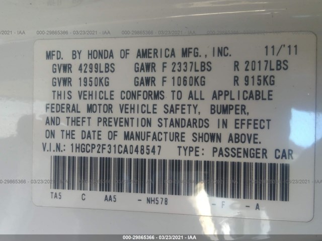 Photo 8 VIN: 1HGCP2F31CA048547 - HONDA ACCORD SDN 