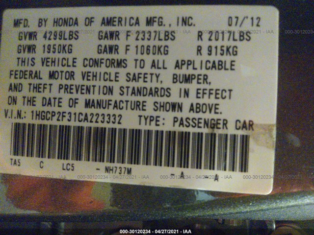 Photo 8 VIN: 1HGCP2F31CA223332 - HONDA ACCORD SDN 