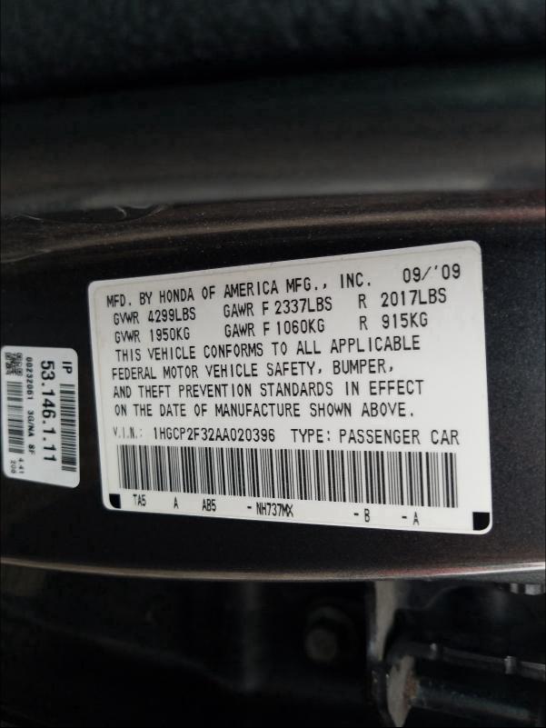 Photo 9 VIN: 1HGCP2F32AA020396 - HONDA ACCORD LX 