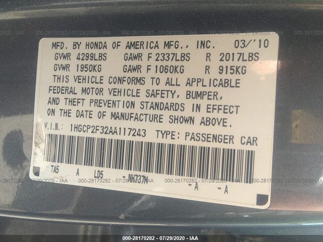 Photo 8 VIN: 1HGCP2F32AA117243 - HONDA ACCORD SDN 