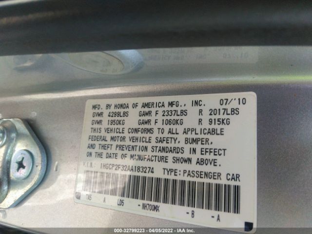 Photo 8 VIN: 1HGCP2F32AA183274 - HONDA ACCORD SDN 