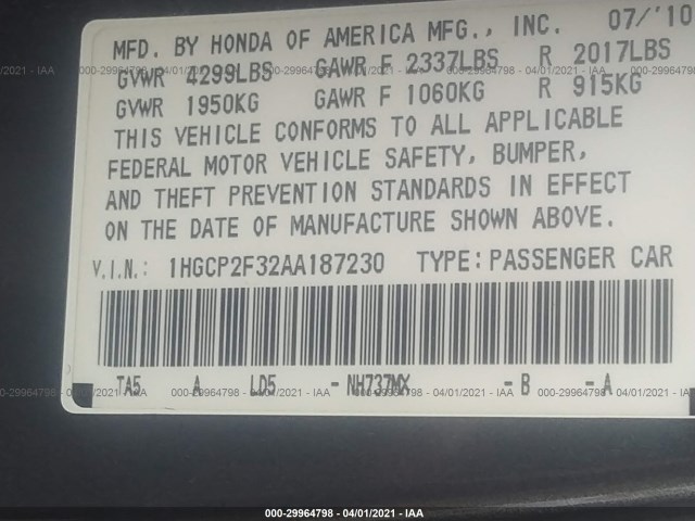 Photo 8 VIN: 1HGCP2F32AA187230 - HONDA ACCORD SDN 