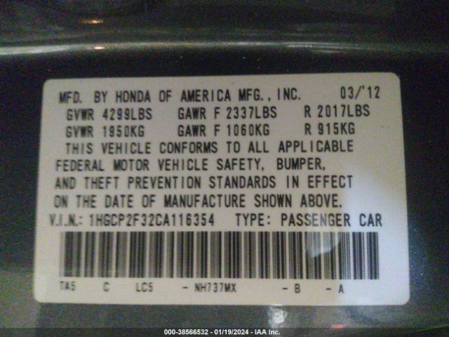 Photo 8 VIN: 1HGCP2F32CA116354 - HONDA ACCORD 