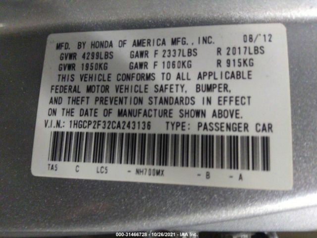 Photo 8 VIN: 1HGCP2F32CA243136 - HONDA ACCORD SDN 