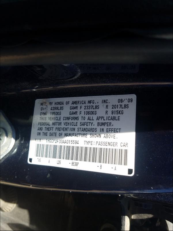 Photo 9 VIN: 1HGCP2F33AA015594 - HONDA ACCORD LX 