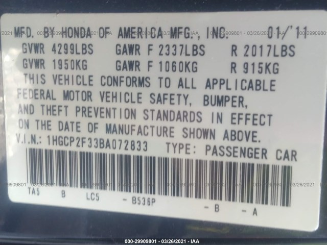 Photo 8 VIN: 1HGCP2F33BA072833 - HONDA ACCORD SDN 