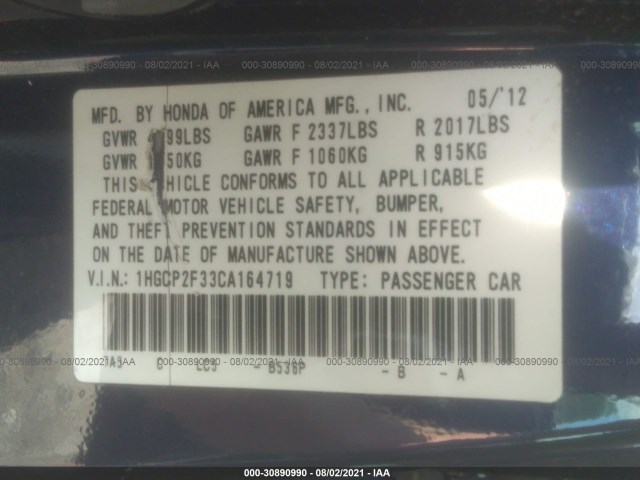 Photo 8 VIN: 1HGCP2F33CA164719 - HONDA ACCORD SDN 