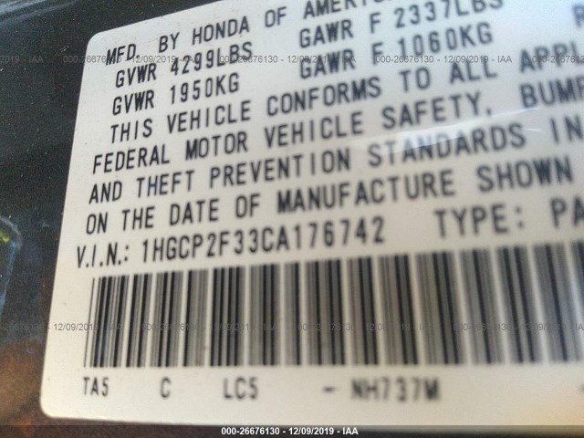 Photo 8 VIN: 1HGCP2F33CA176742 - HONDA ACCORD SDN 