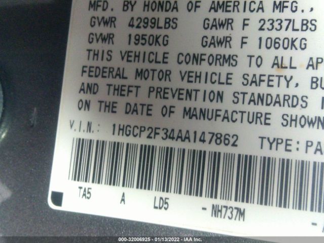 Photo 8 VIN: 1HGCP2F34AA147862 - HONDA ACCORD SDN 