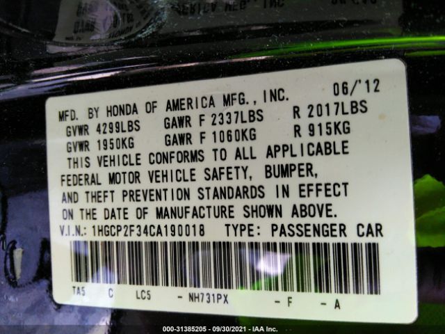 Photo 8 VIN: 1HGCP2F34CA190018 - HONDA ACCORD 