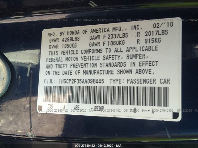 Photo 8 VIN: 1HGCP2F35AA098445 - HONDA ACCORD SDN 