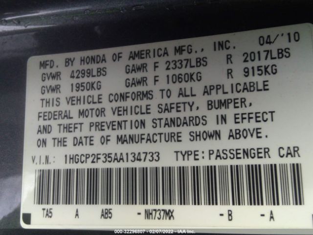 Photo 8 VIN: 1HGCP2F35AA134733 - HONDA ACCORD SDN 