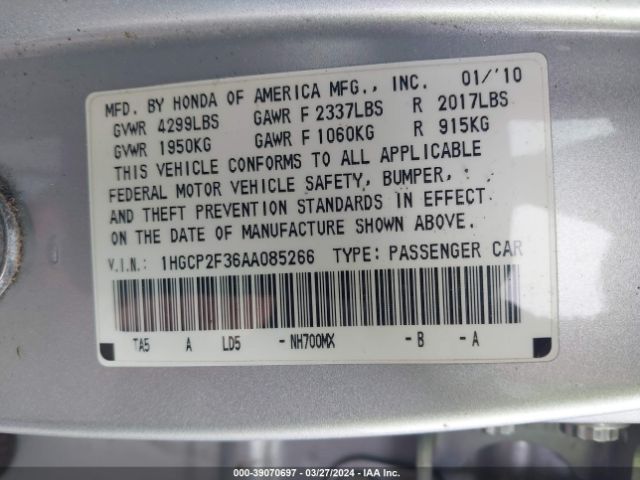 Photo 8 VIN: 1HGCP2F36AA085266 - HONDA ACCORD 