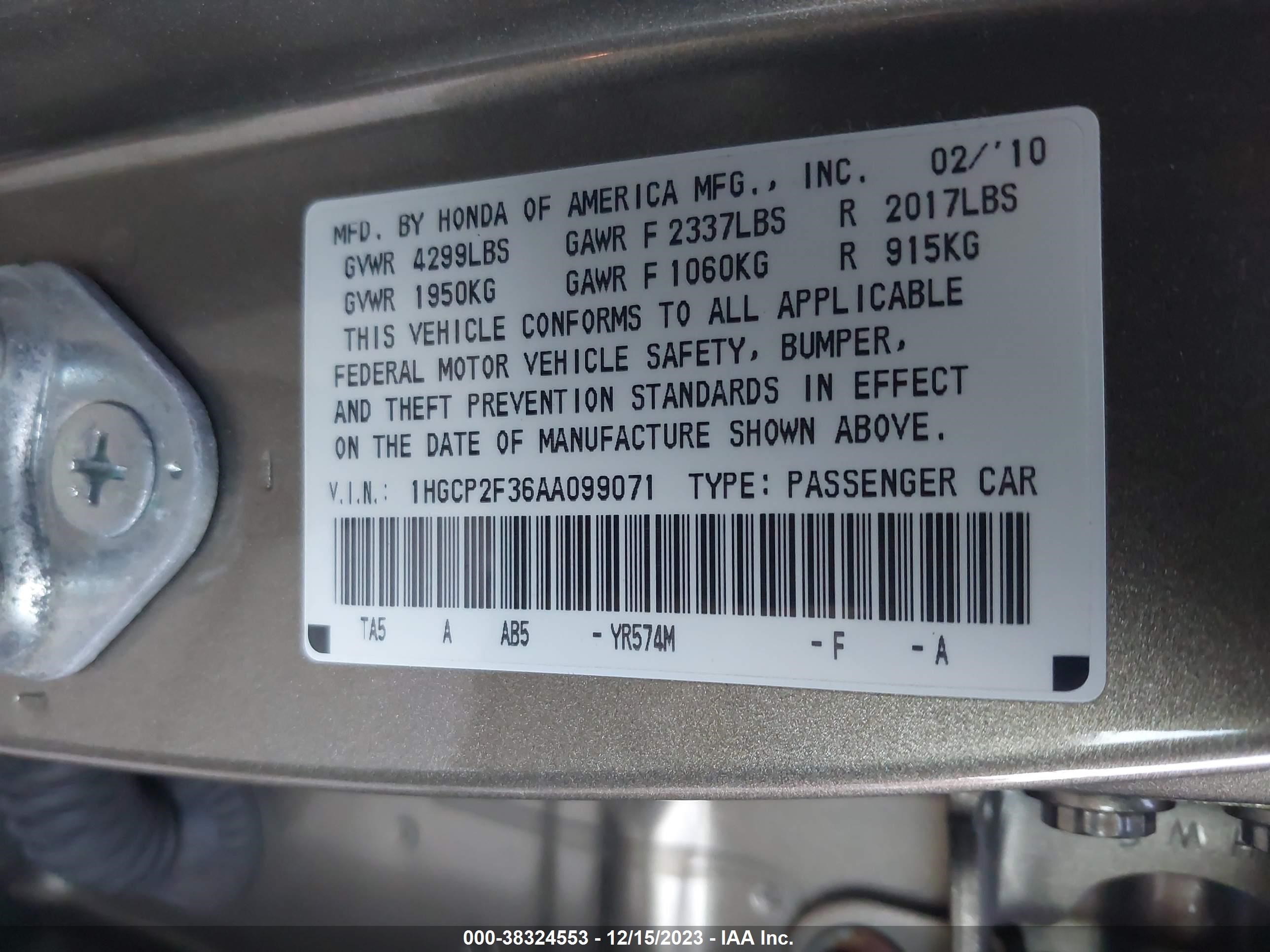 Photo 8 VIN: 1HGCP2F36AA099071 - HONDA ACCORD 