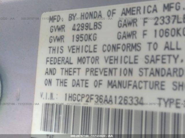 Photo 8 VIN: 1HGCP2F36AA126334 - HONDA ACCORD SDN 