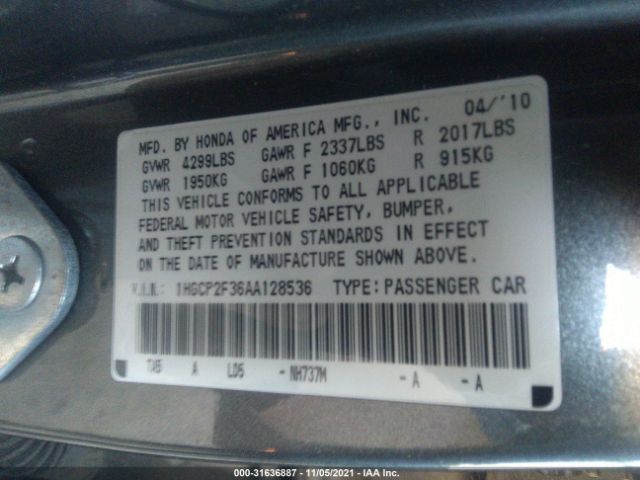 Photo 8 VIN: 1HGCP2F36AA128536 - HONDA ACCORD SDN 