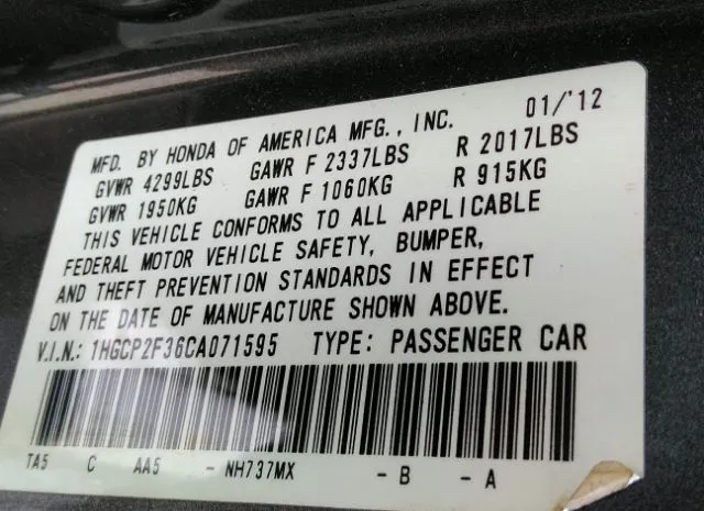 Photo 8 VIN: 1HGCP2F36CA071595 - HONDA ACCORD SDN 