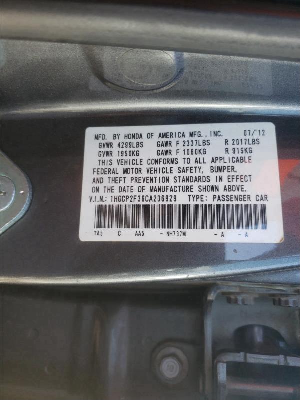 Photo 9 VIN: 1HGCP2F36CA206929 - HONDA ACCORD LX 