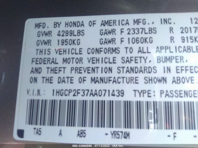 Photo 8 VIN: 1HGCP2F37AA071439 - HONDA ACCORD SDN 