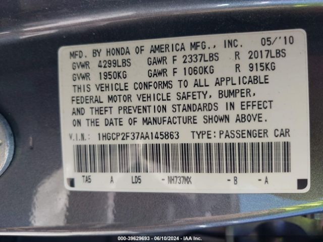 Photo 8 VIN: 1HGCP2F37AA145863 - HONDA ACCORD 