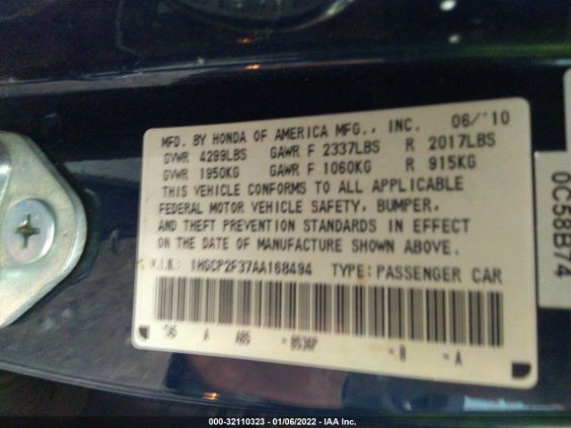 Photo 8 VIN: 1HGCP2F37AA168494 - HONDA ACCORD SDN 