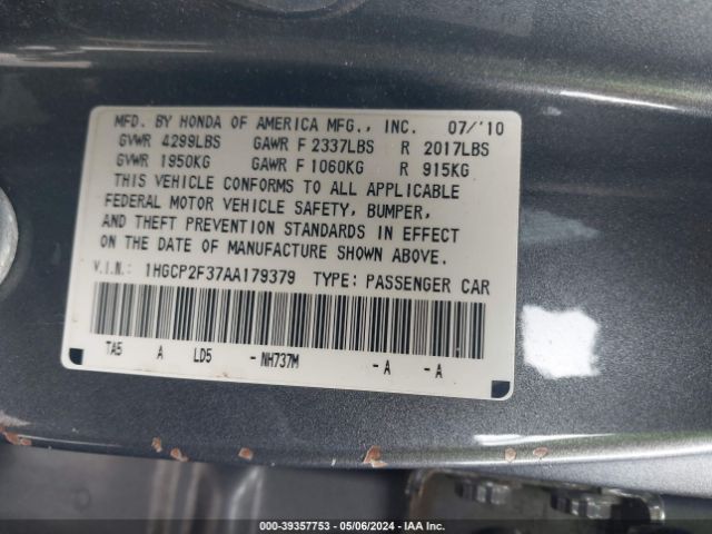 Photo 8 VIN: 1HGCP2F37AA179379 - HONDA ACCORD 