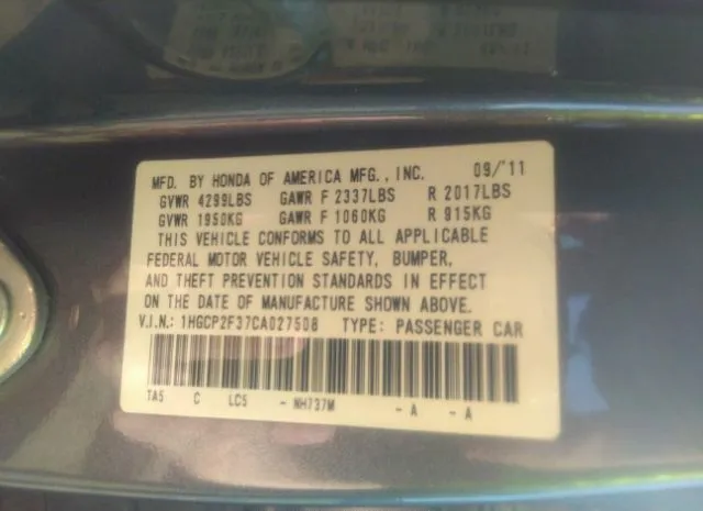 Photo 8 VIN: 1HGCP2F37CA027508 - HONDA ACCORD SDN 