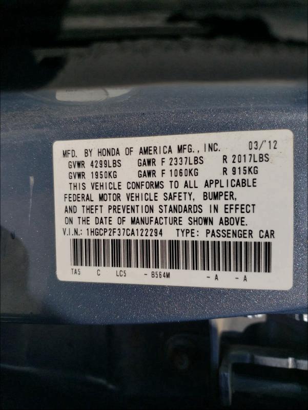 Photo 9 VIN: 1HGCP2F37CA122294 - HONDA ACCORD LX 