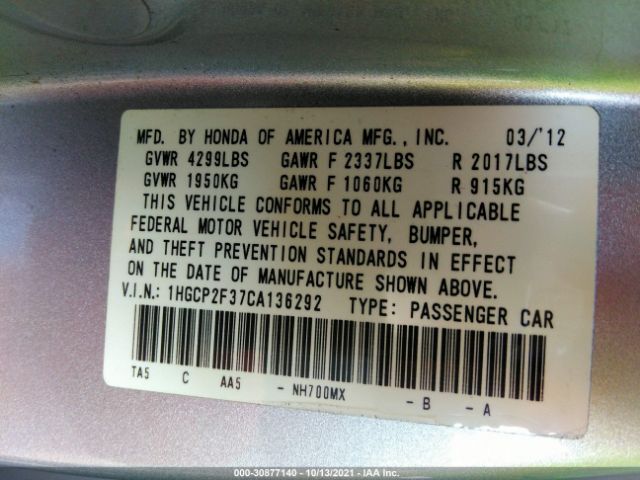 Photo 8 VIN: 1HGCP2F37CA136292 - HONDA ACCORD SDN 