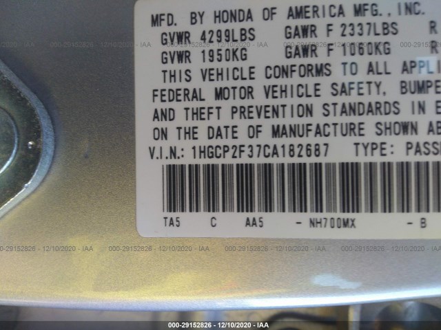 Photo 8 VIN: 1HGCP2F37CA182687 - HONDA ACCORD SDN 