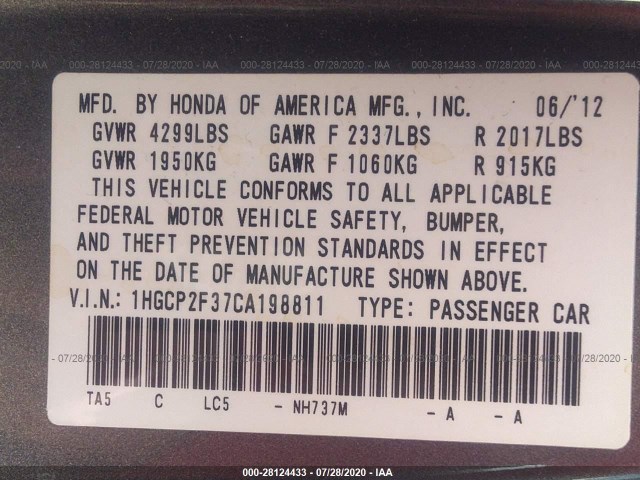 Photo 8 VIN: 1HGCP2F37CA198811 - HONDA ACCORD SDN 