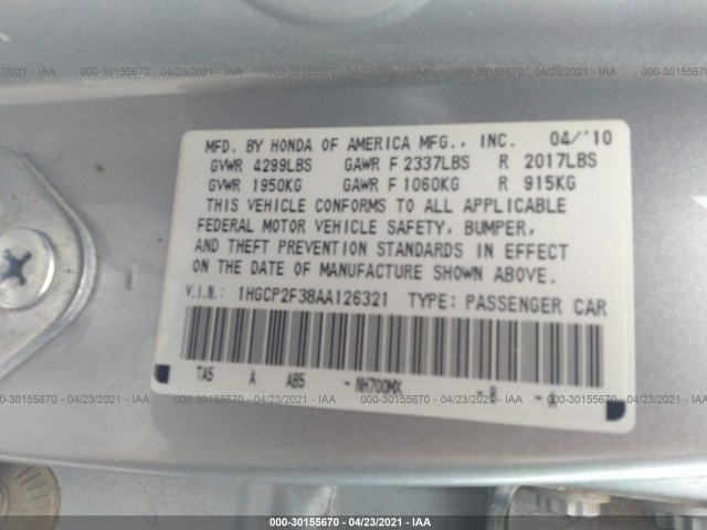 Photo 8 VIN: 1HGCP2F38AA126321 - HONDA ACCORD SDN 